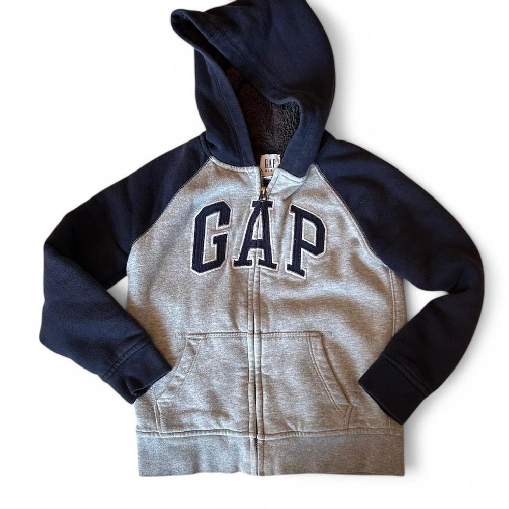 Kids Gap Zip-Up Hoodie, Size Small | Heather Gray with Navy Arms & Hood